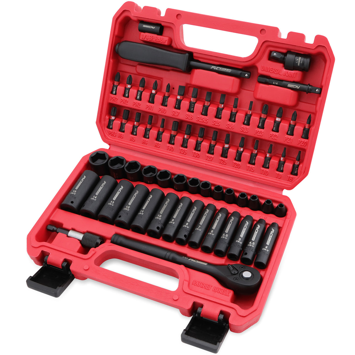 SEDY 64-piece socket and bit wrench set with CR-V steel sockets, universal joint, ratchet handle, and hard carry case for automotive and home tool kits.