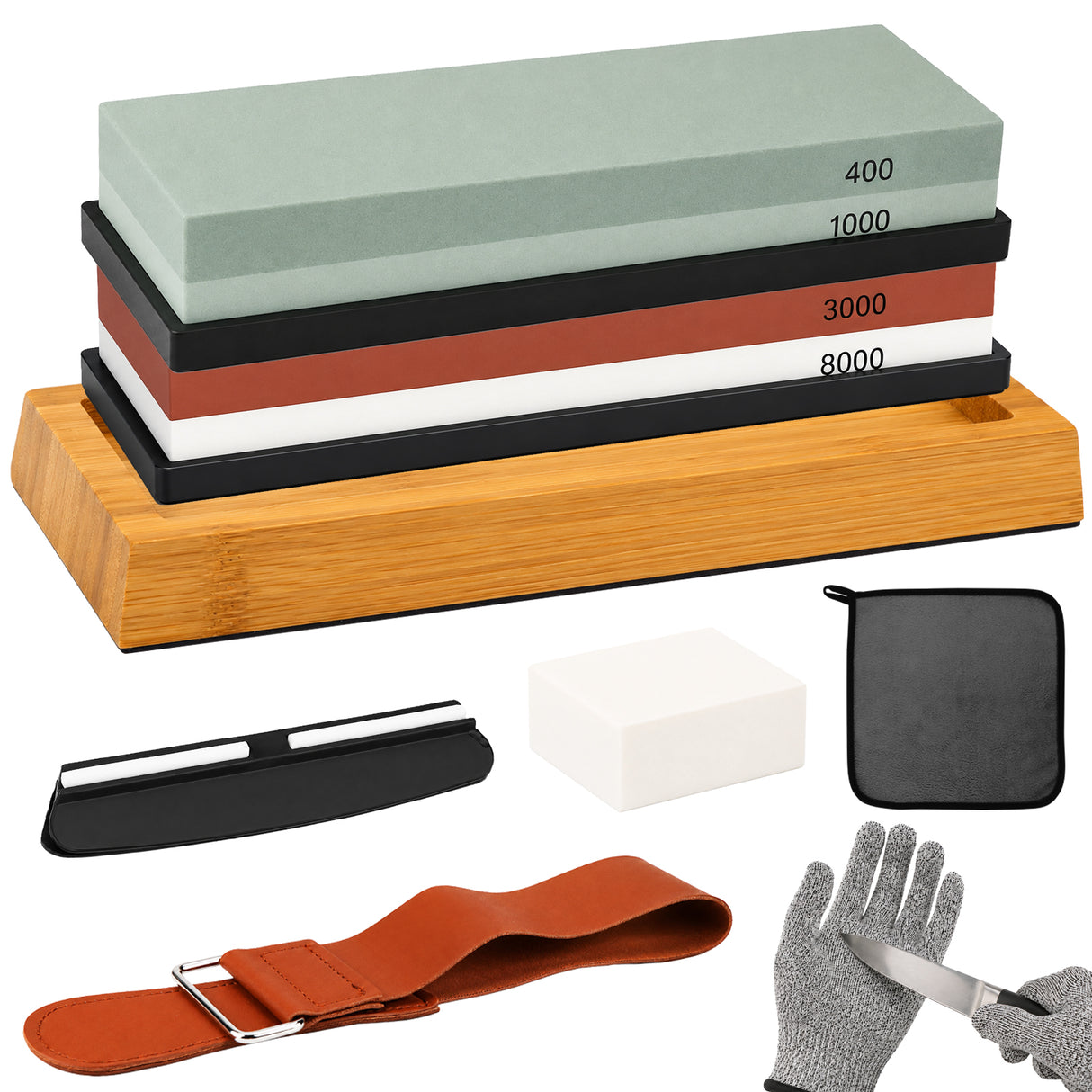 10-piece knife sharpening stone kit with 400/1000 and 3000/8000 grit whetstones, bamboo base, rubber bases, angle guide, Nagura stone, leather strop, cleaning towel and cut resistant gloves