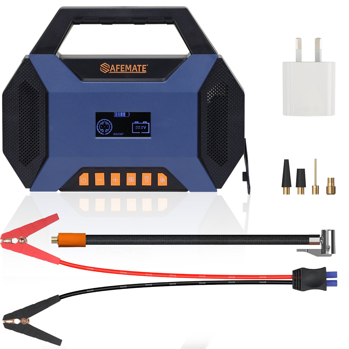 4500A portable car jump starter with air compressor, LED light, USB power bank, and tire inflator for cars, SUVs, motorcycles, and emergency roadside use.