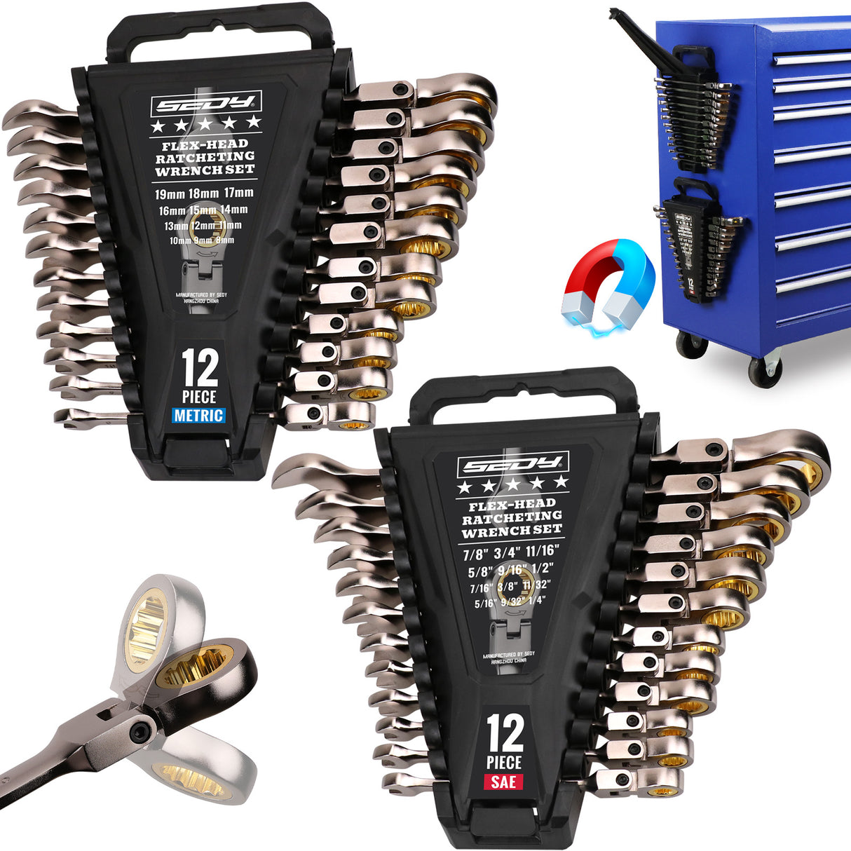 flex head ratcheting wrench set SAE and metric with 72 tooth design and magnetic storage tray