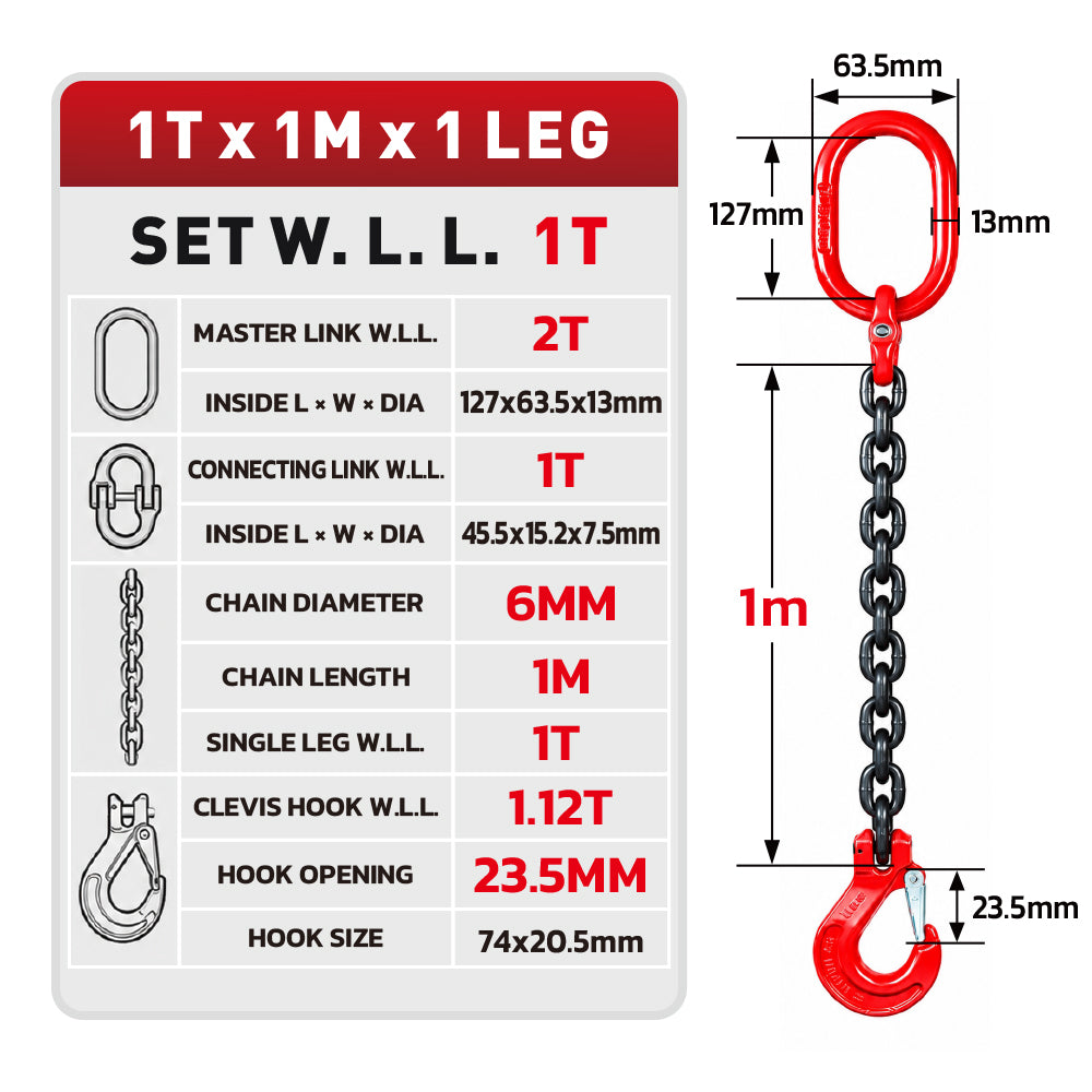 Grade 80 chain sling 1T-5T heavy duty lifting chain with master link and safety hooks, available in 1, 2 and 4 leg configurations for rigging and hoisting