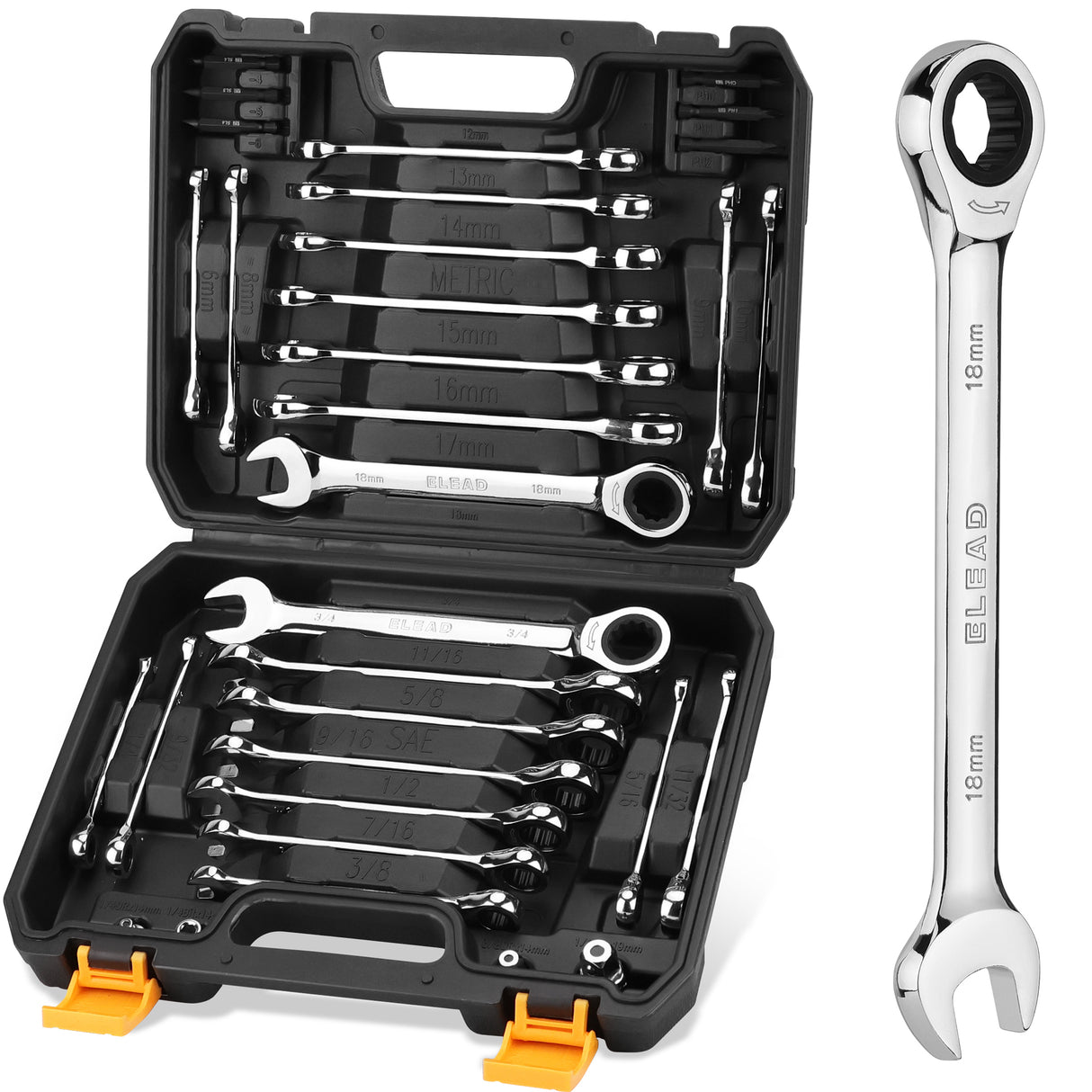 33 piece ratcheting wrench set SAE and metric 72 tooth CR-V combination wrench set with socket adapters bits and storage case