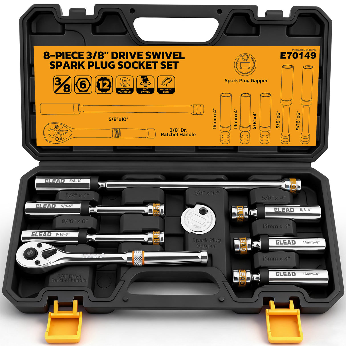 8-piece swivel magnetic spark plug socket set with CR-V steel and 360-degree rotation