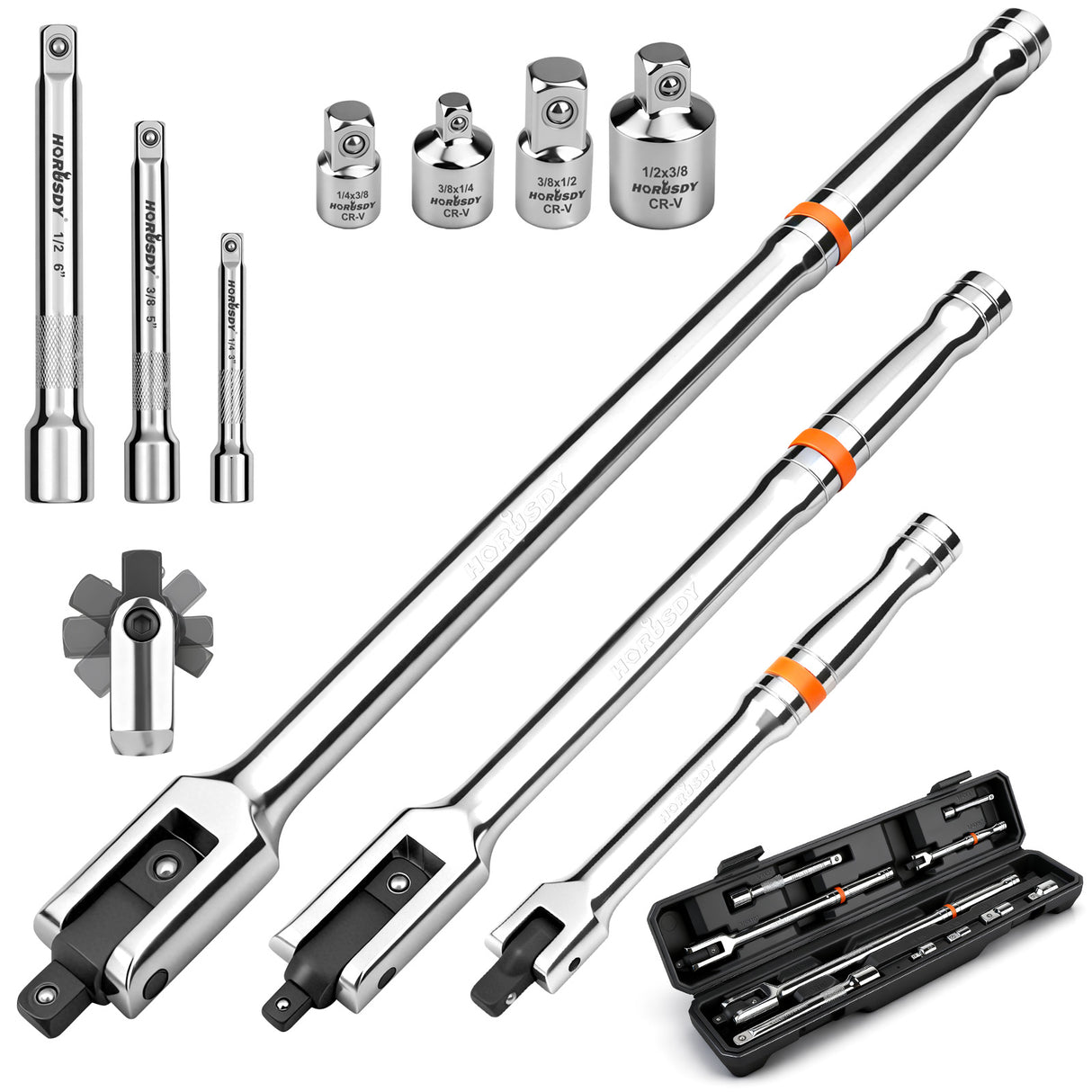 HORUSDY 10-piece dual drive breaker bar set with 360-degree flex head, extensions, adapters, and storage case