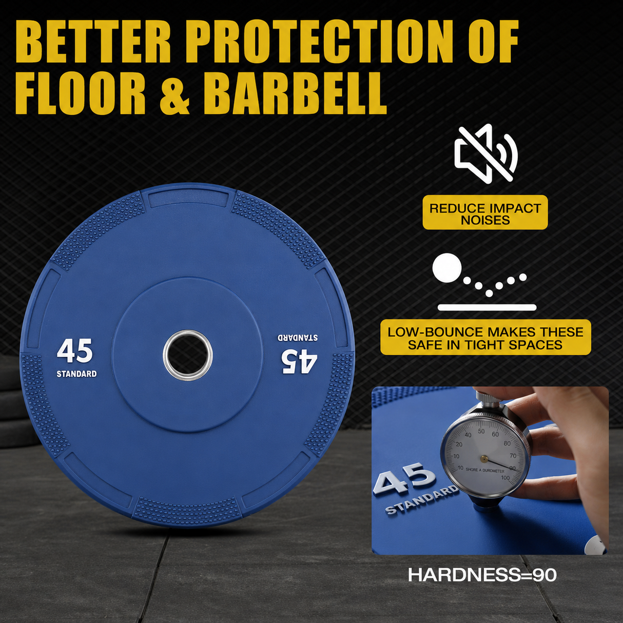 Olympic bumper plates set with low-bounce rubber, steel inserts, textured grip edges and IWF color-coded weight options for barbell training