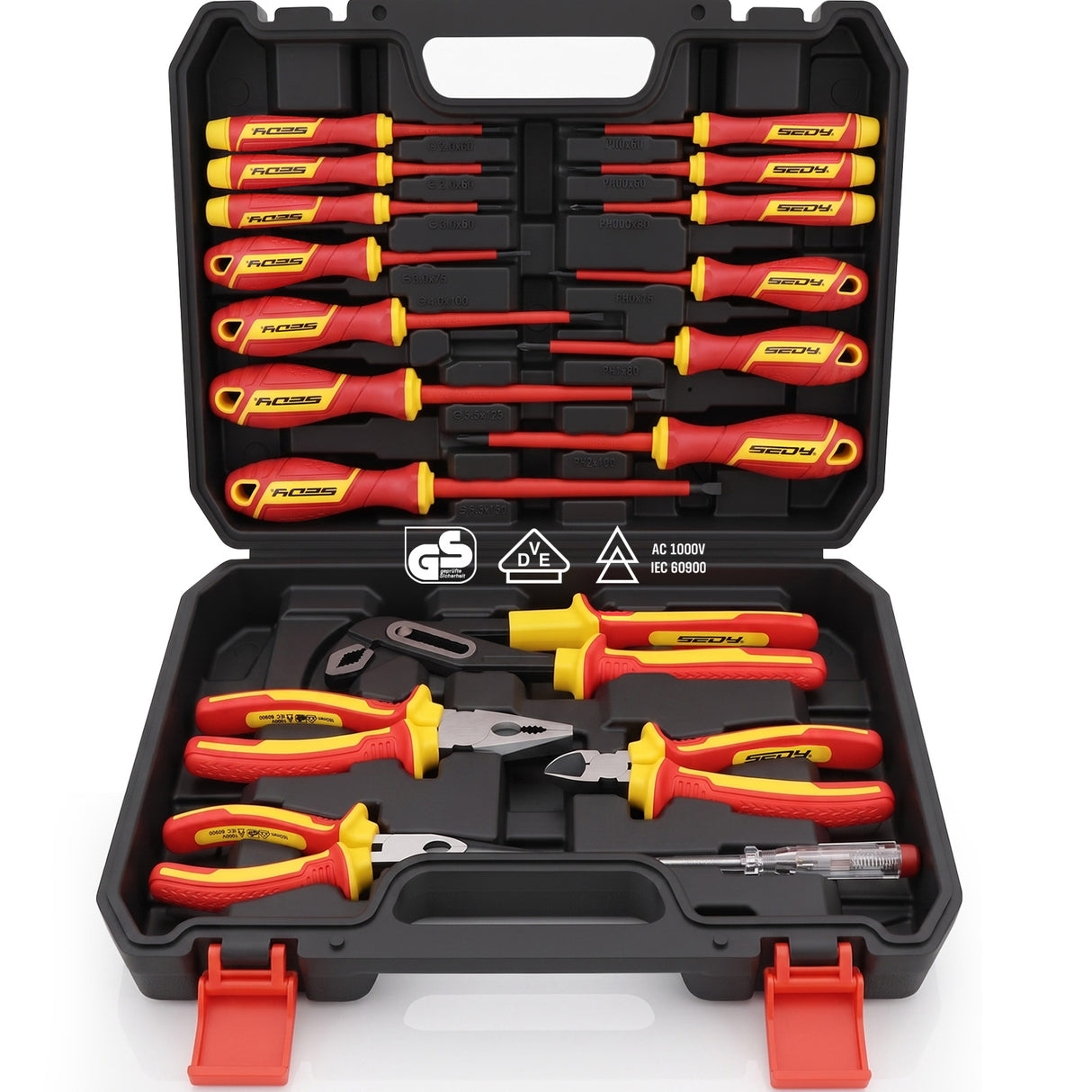 18-piece insulated electrician tool set with 1000V VDE screwdrivers, insulated pliers, voltage tester and storage case