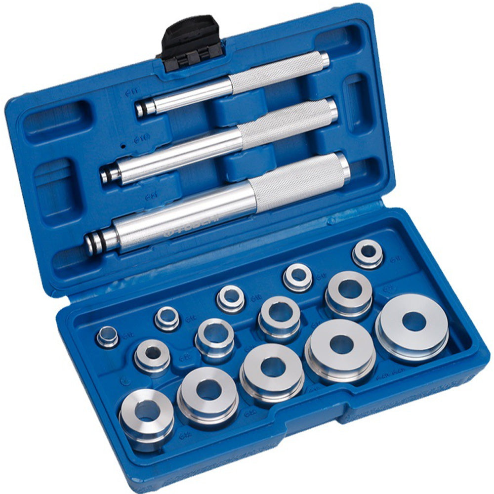 SEDY 17-piece wheel bearing installation tool kit with aluminum driver handles and multi-size bearing discs in blue storage case for car repair