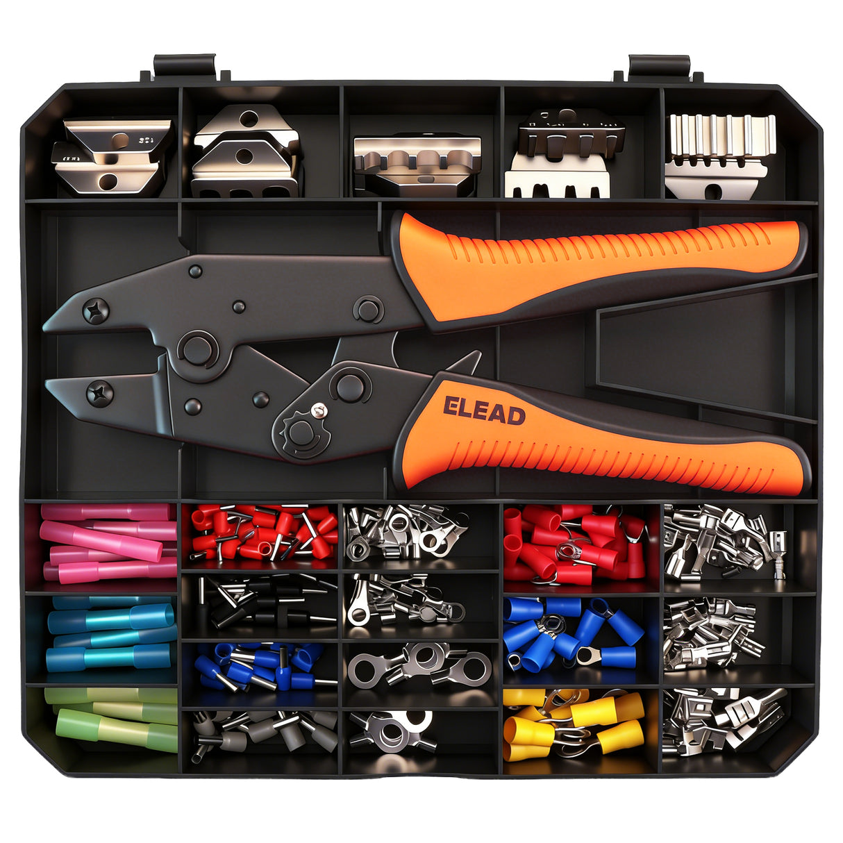 ELEAD ratcheting wire crimping tool kit with interchangeable jaws and terminal connectors assortment for electrical wiring repair