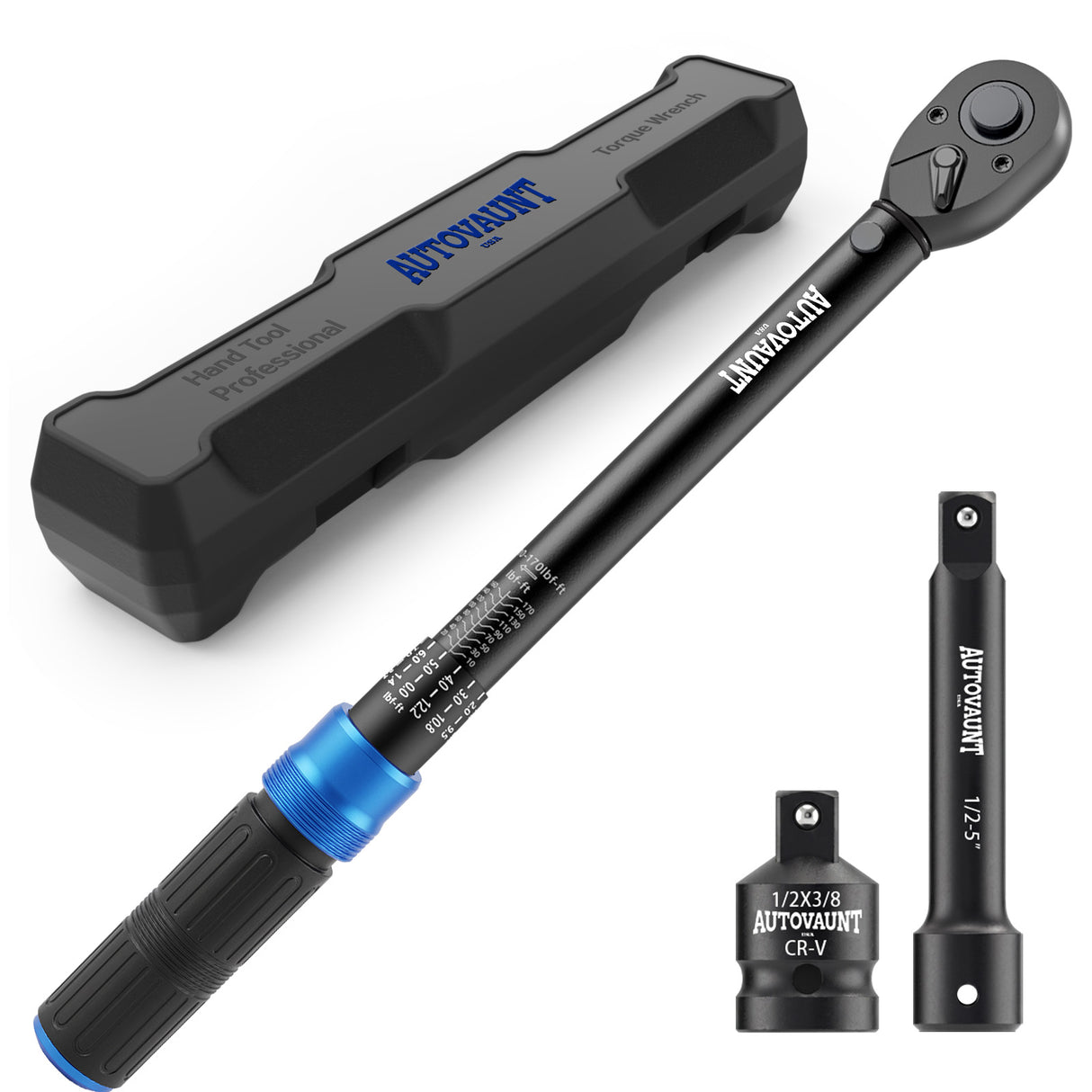 1/2 inch drive click torque wrench with 10-170 ft-lb and 13.6-230.5 Nm dual scale, 72-tooth reversible ratchet, 5-inch extension bar, 1/2 to 3/8 adapter, storage case and inspection certificate for automotive, truck and motorcycle maintenance