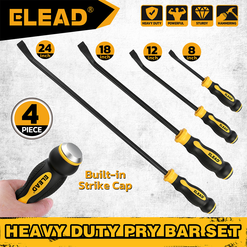 4-piece heavy duty pry bar set with 8, 12, 18 and 24 inch CR-V steel pry bars, angled tips, strike caps and TPR handles