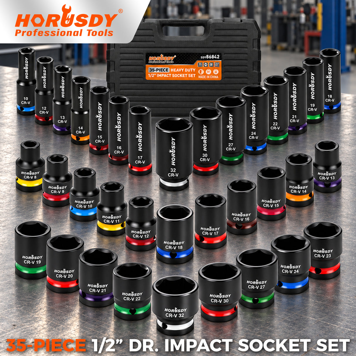 35-piece 1/2-inch drive metric impact socket set with 8-32mm CR-V 6-point deep and shallow sockets and carry case