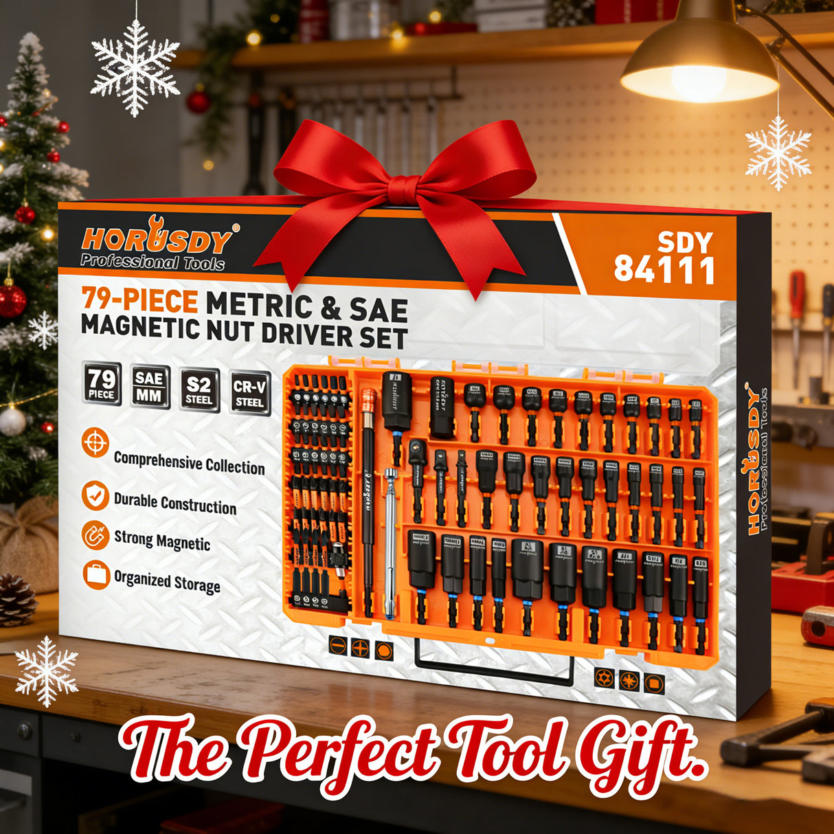 79-piece magnetic nut driver set with metric and SAE sockets, S2 screwdriver bits, CR-V steel sockets, bit extension and portable case