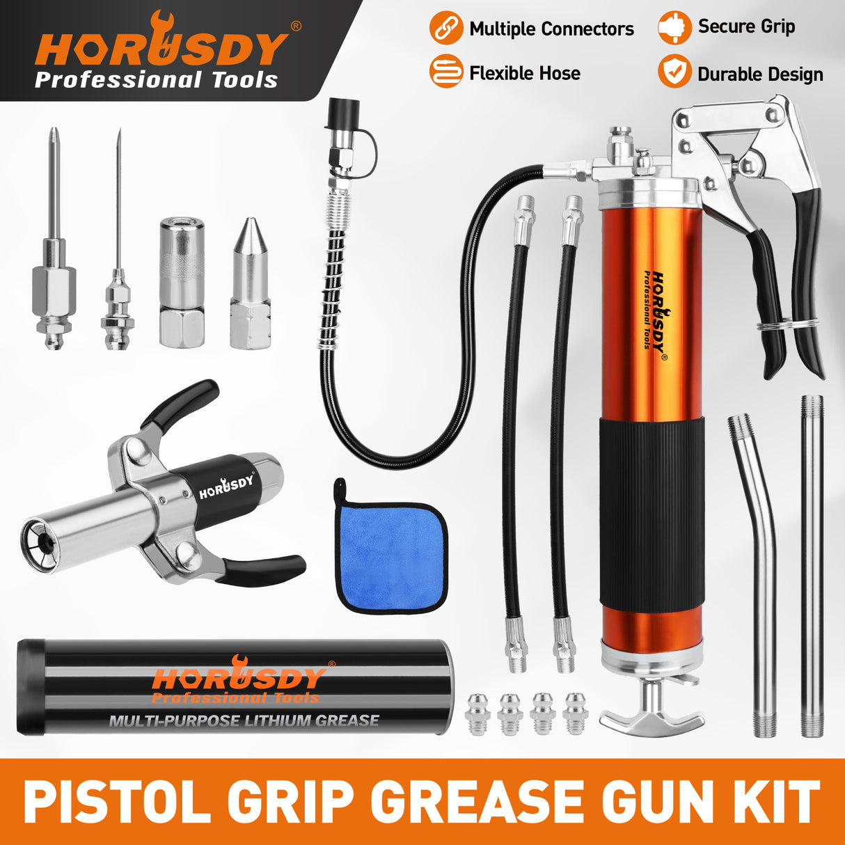 18-piece pistol grip grease gun kit with 8000 PSI pressure, flexible hose, lock coupler and multiple grease fittings