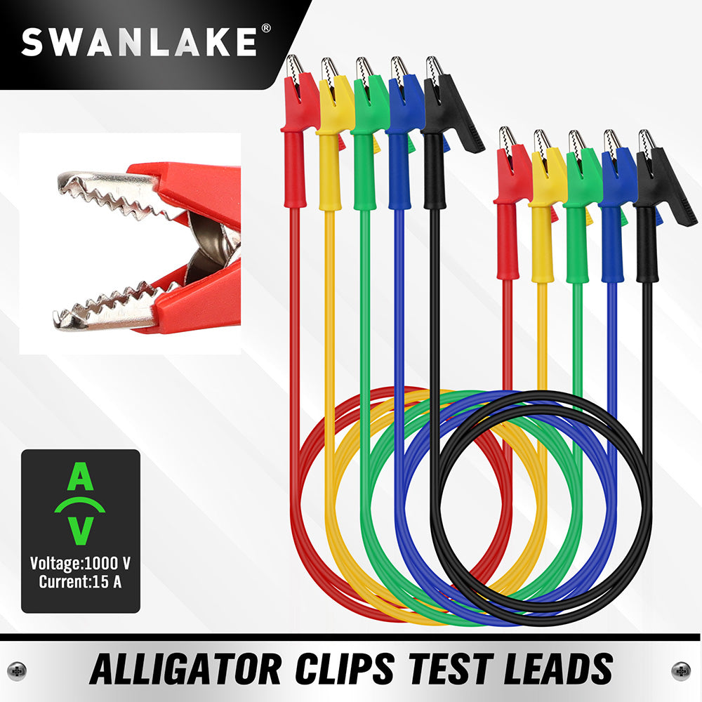 1.2m alligator clip test leads set with insulated silicone wires for multimeter and circuit testing – 1000V 15A rated professional tool.