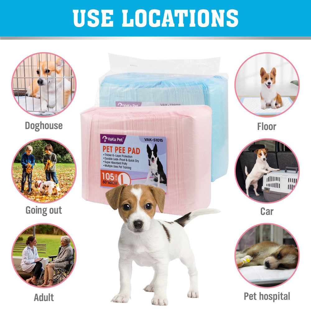 VaKa Pet disposable puppy pee pads, 60 x 60cm, 6-layer absorbent leakproof dog training pads in pink or blue, 105 or 210 count
