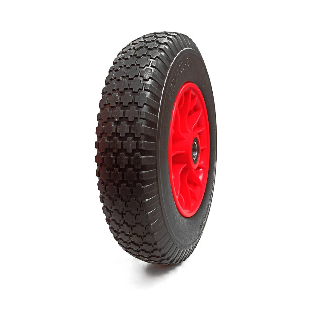 2Pcs 16 inch solid wheelbarrow wheels 4.80/4.00-8 with red hub and 19mm bore, puncture-proof trolley tyres for heavy-duty use