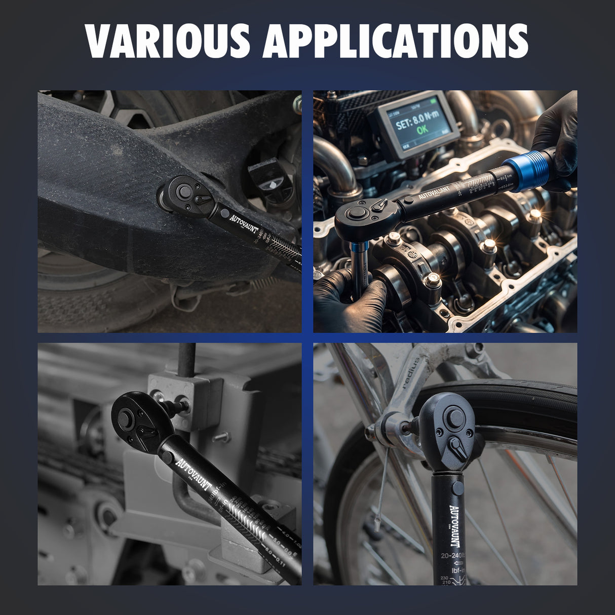 1/4 inch drive click torque wrench with 20-240 in-lb and 2.3-27.1 Nm range, 72-tooth reversible ratchet, 3-inch extension bar, 1/4 to 3/8 drive adapter, storage case and calibration certificate