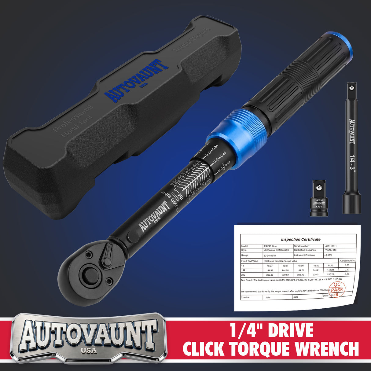1/4 inch drive click torque wrench with 20-240 in-lb and 2.3-27.1 Nm range, 72-tooth reversible ratchet, 3-inch extension bar, 1/4 to 3/8 drive adapter, storage case and calibration certificate