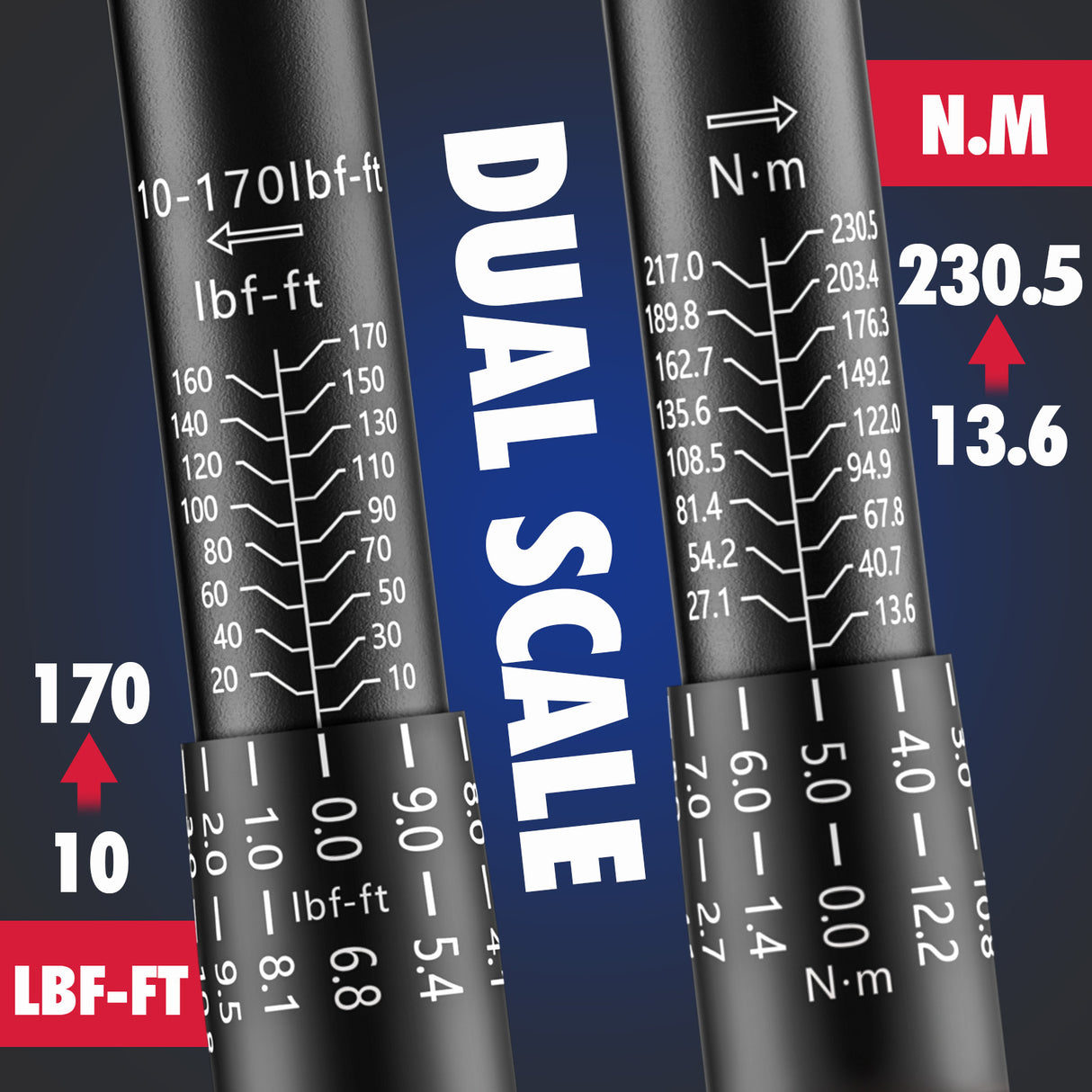 1/2 inch drive click torque wrench with 10-170 ft-lb and 13.6-230.5 Nm dual scale, 72-tooth reversible ratchet, 5-inch extension bar, 1/2 to 3/8 adapter, storage case and inspection certificate for automotive, truck and motorcycle maintenance