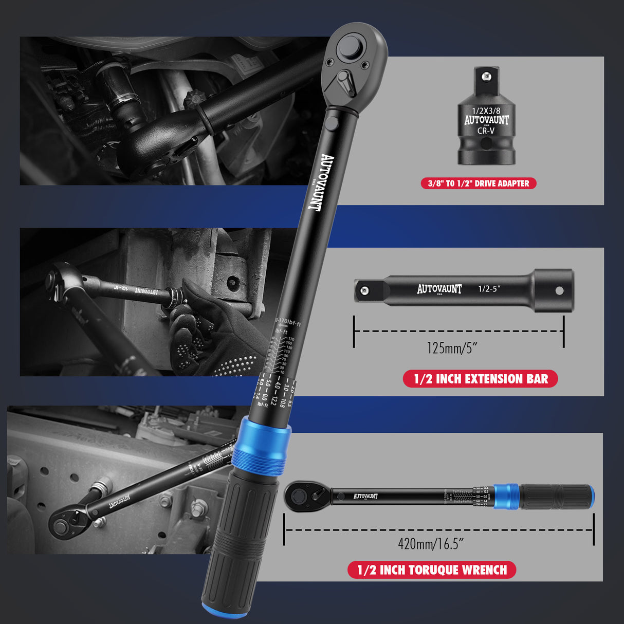 1/2 inch drive click torque wrench with 10-170 ft-lb and 13.6-230.5 Nm dual scale, 72-tooth reversible ratchet, 5-inch extension bar, 1/2 to 3/8 adapter, storage case and inspection certificate for automotive, truck and motorcycle maintenance