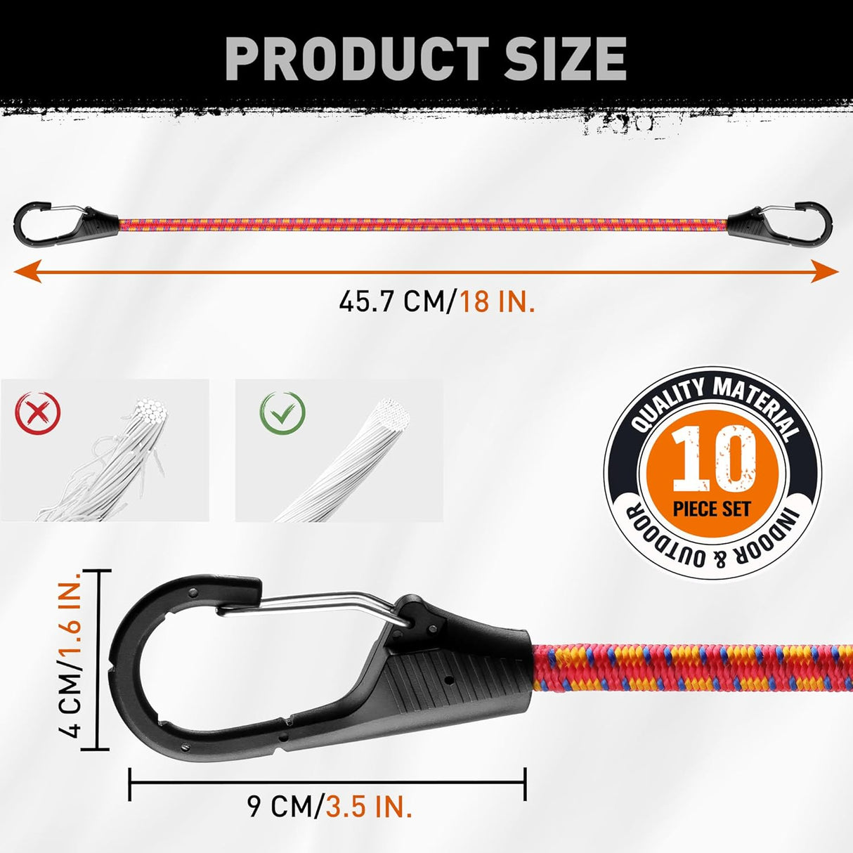 10 piece 18 inch bungee cord set with carabiner clips 9mm heavy duty elastic rope straps for cargo tie down outdoor use