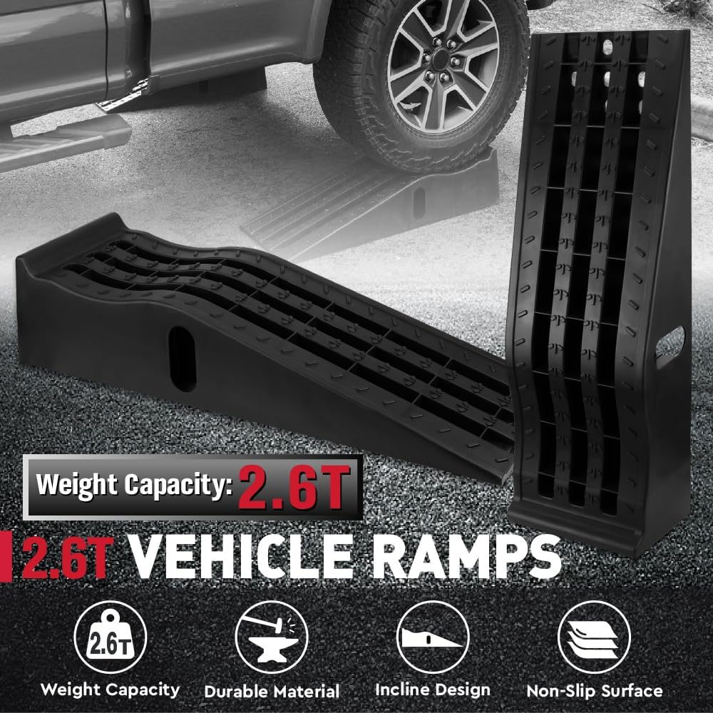 Heavy-Duty A Pair Car Ramps with Non-Slip Surface for Extra-Wide Tire - 2.6 Ton Capiticy