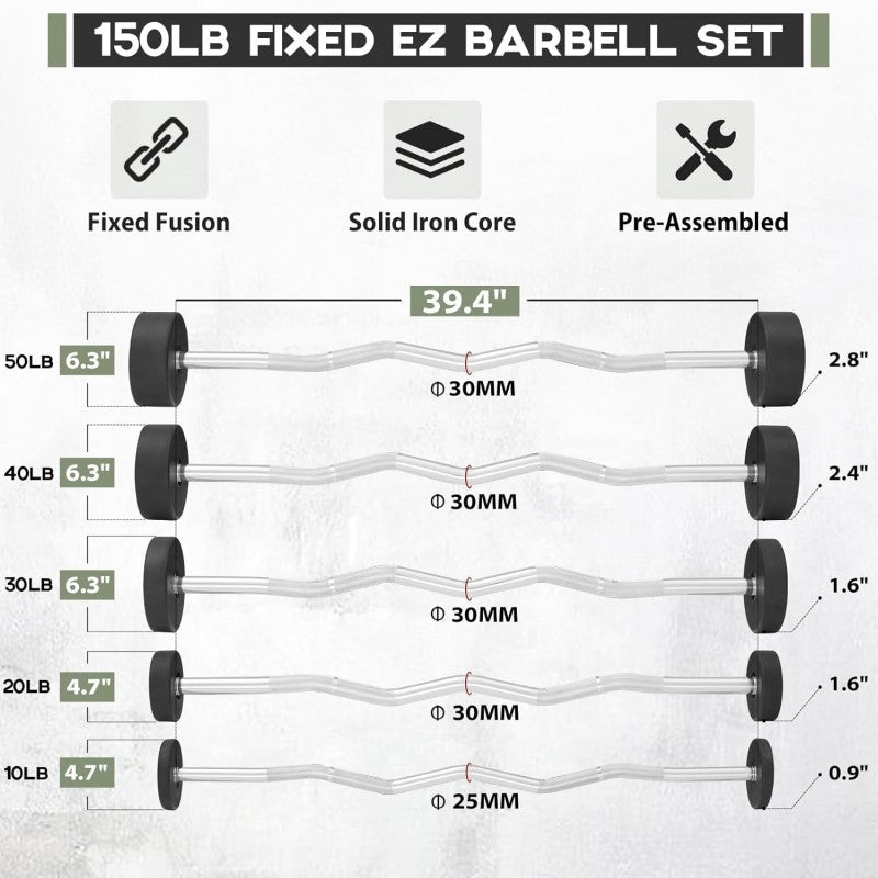 150LB fixed EZ curl barbell set with 10, 20, 30, 40 and 50 lb pre-assembled PVC coated weighted bars for home gym strength training