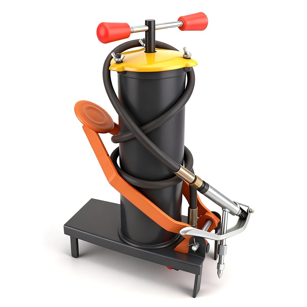 6L black foot-operated grease injector with reinforced hose and metal nozzle