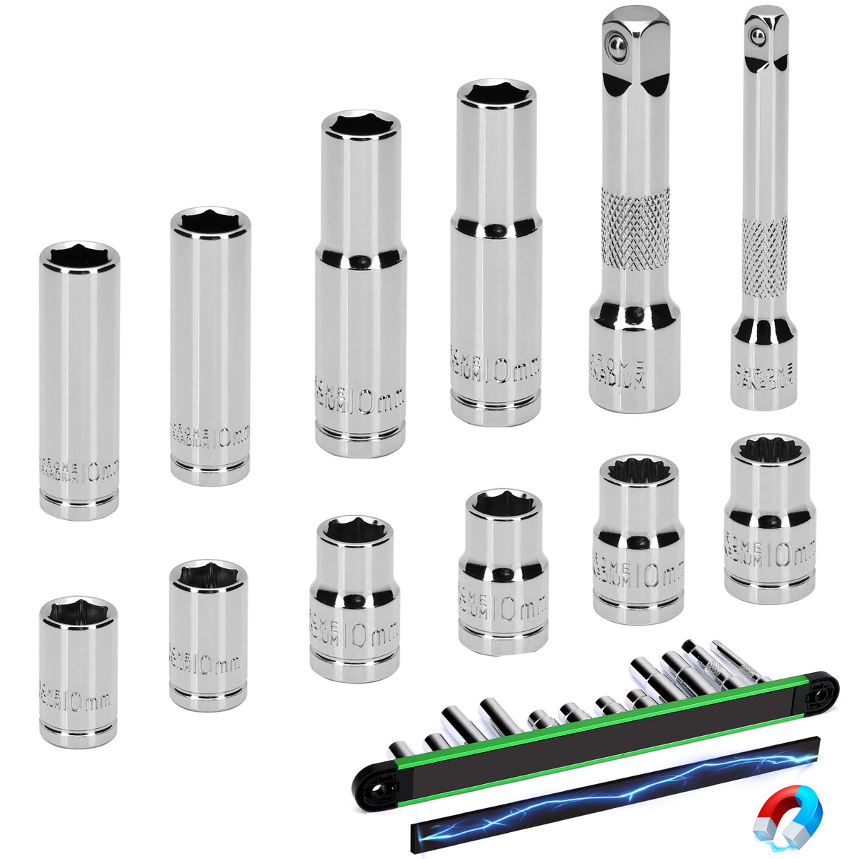 SEDY 12-piece metric socket set with magnetic green organizer rail, including deep and shallow CR-V sockets and 2 extension bars for automotive repair