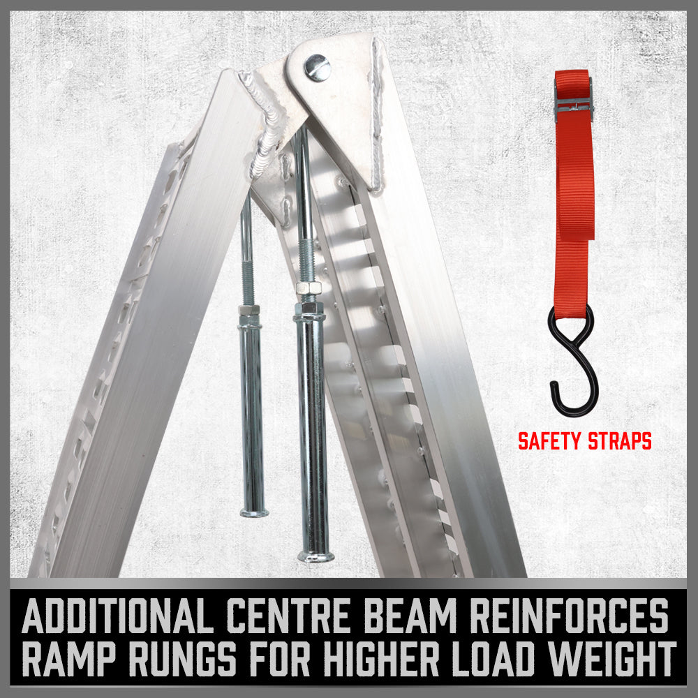 Aluminium 2.3M 1360KG folding loading ramps for motorcycles, ATVs, and equipment, featuring reinforced centre beam and non-slip red tips.