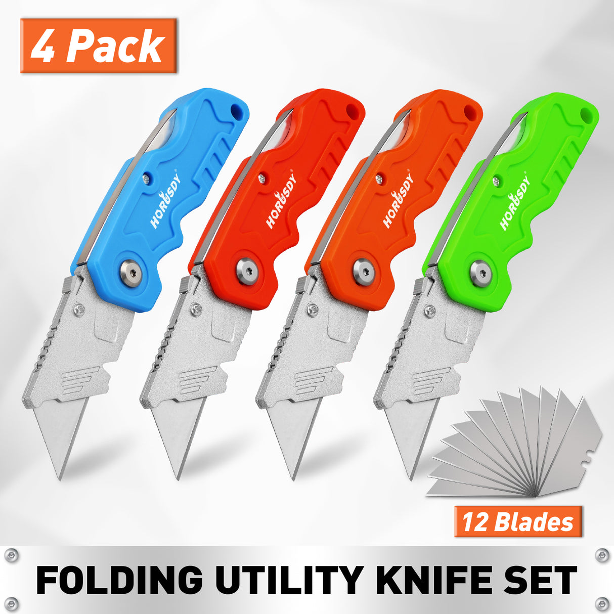 4Pc Folding Utility Knife Set | Quick-Change Box Cutter with 10 Extra Blades | Includes Storage Bag