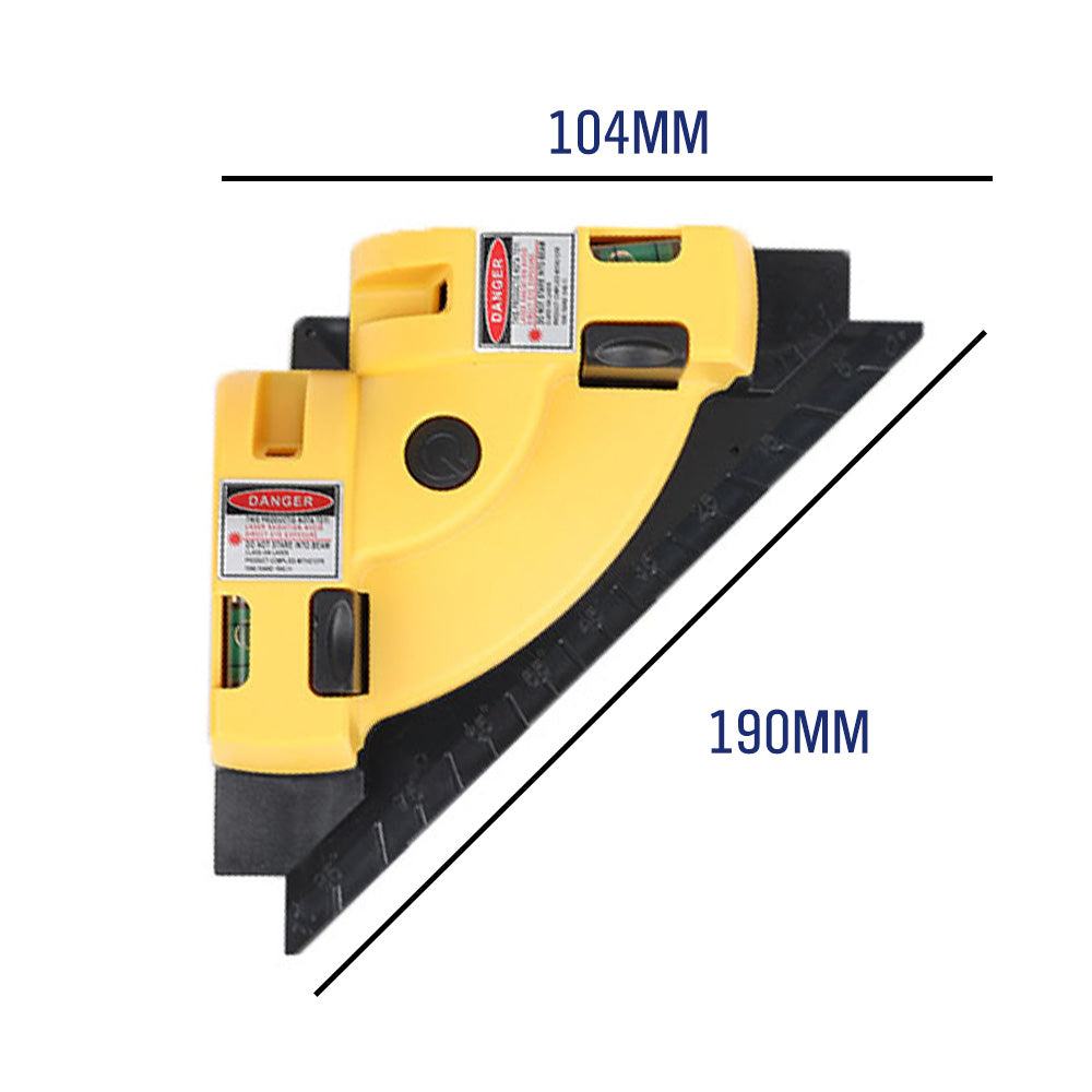 90 degree right angle laser level gauge with 30 ft red beam, dual bubble levels, measuring ruler edge and compact layout body for tile, flooring, wall, cabinet and interior construction alignment