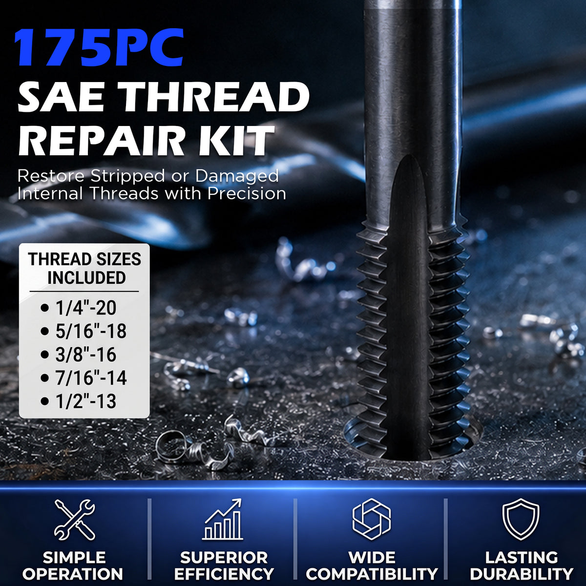 175-piece SAE thread repair kit with HSS drill bits, taps, wire thread inserts, installation tools and 1/4 to 1/2 inch thread sizes