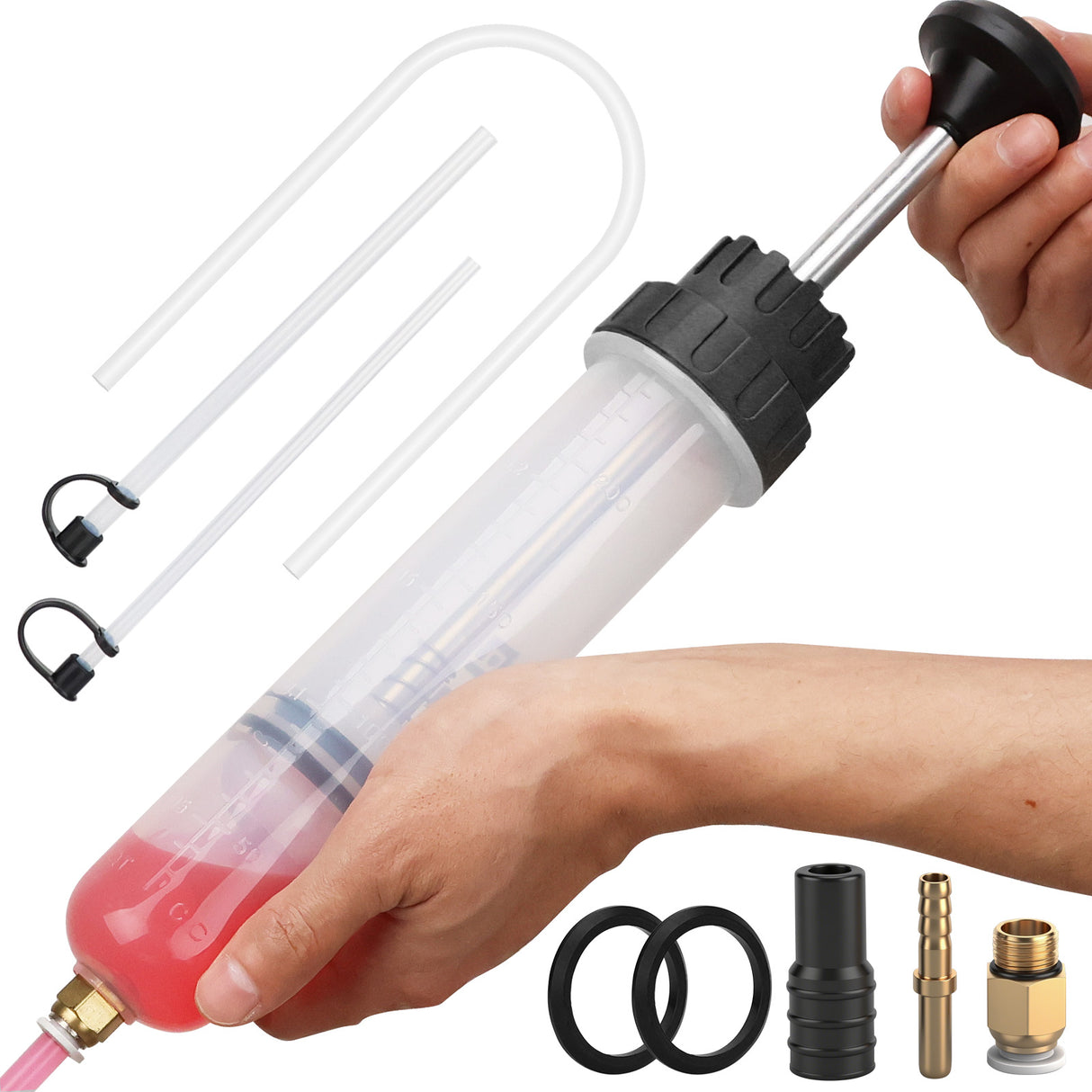 200cc fluid extractor pump with hose kit for transferring engine oil, coolant and brake fluid in automotive maintenance