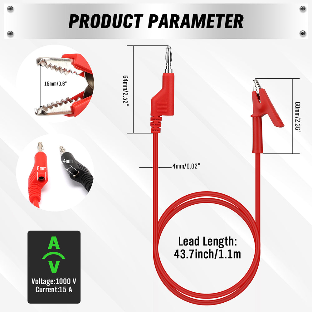 1.1m banana to alligator clip test lead set with silicone insulated wires for multimeter and electronic testing – 1000V 15A rated professional tool.