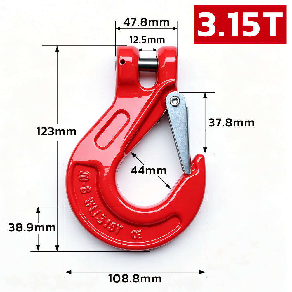 heavy-duty clevis slip hook with safety latch, cotter pin and red powder-coated finish for lifting, towing, recovery and rigging applications