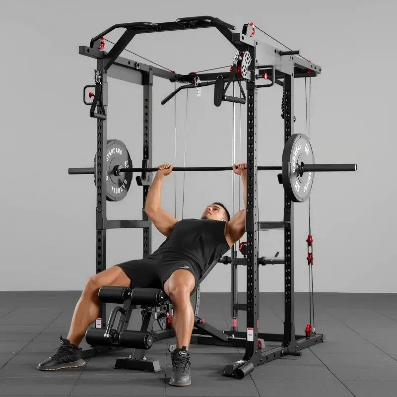 multi-function power cage power rack with cable crossover, lat pulldown, low row station and gym attachments for home strength training