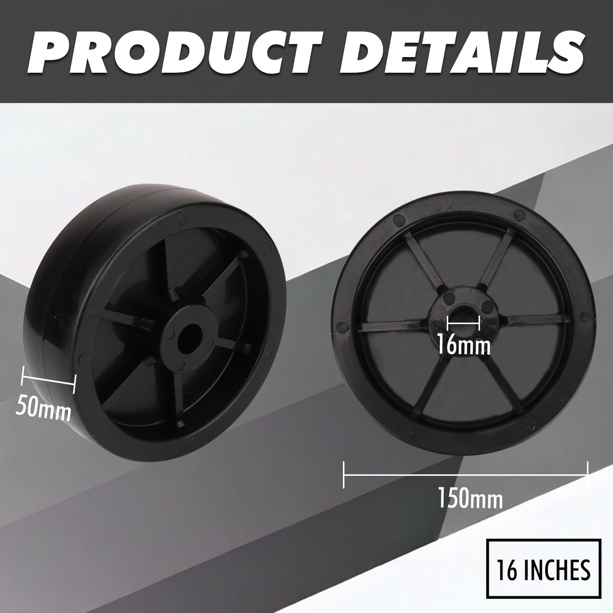 Heavy-duty 16-inch nylon caster wheel with 150mm diameter, 50mm width and 16mm bore, designed for trolleys, carts, warehouse equipment and heavy-load applications
