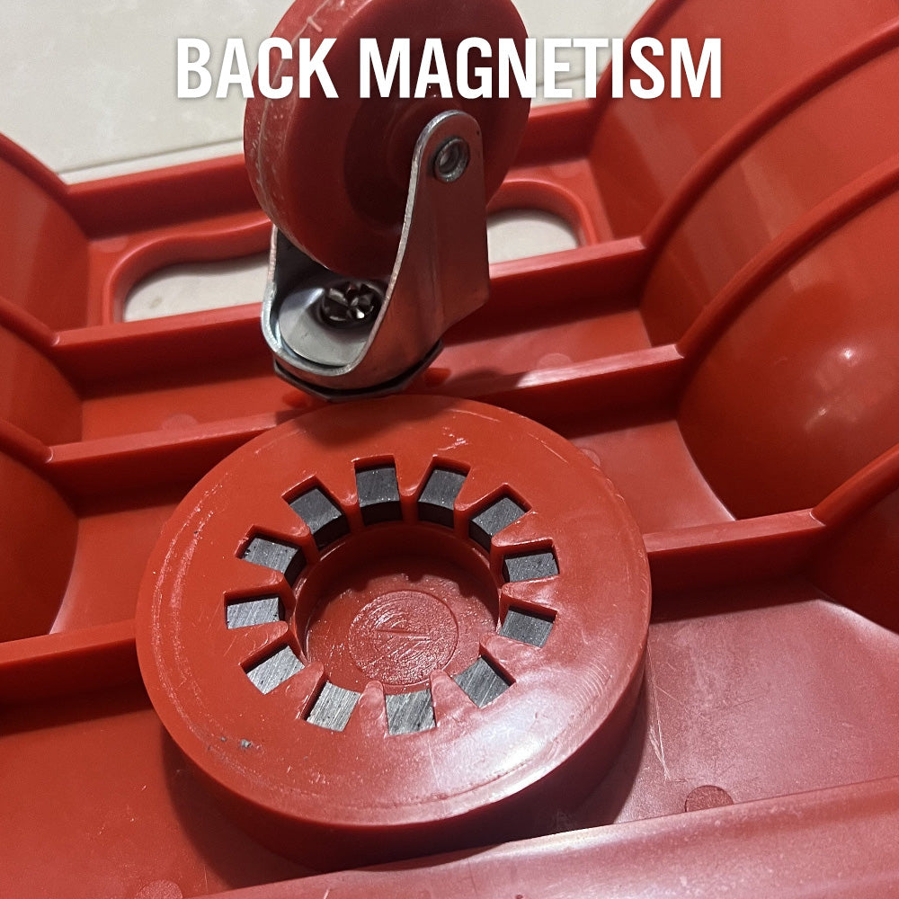 Rolling magnetic creeper seat with cushioned pads, tool organizer tray, and 360° swivel wheels for comfortable garage and workshop use.