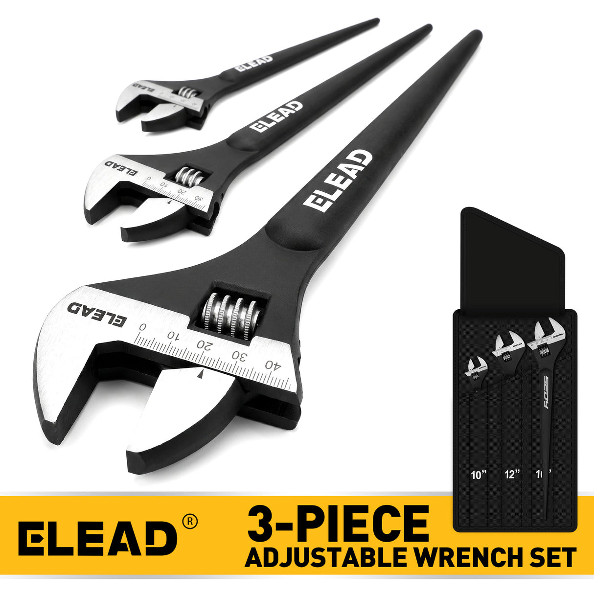 3-piece adjustable spud wrench set with 10, 12 and 16 inch CR-V steel wrenches, tapered pry bar handles and SAE metric scales