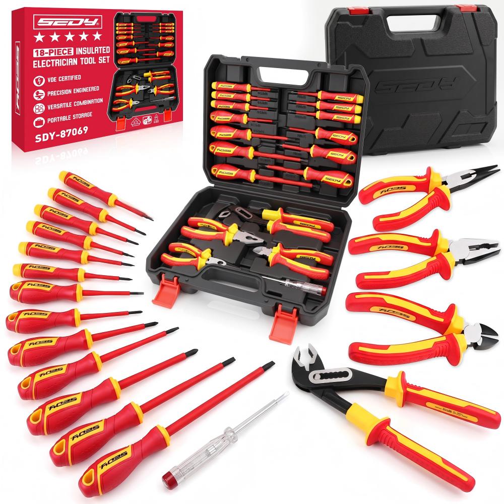 18-piece insulated electrician tool set with 1000V VDE screwdrivers, insulated pliers, voltage tester and storage case