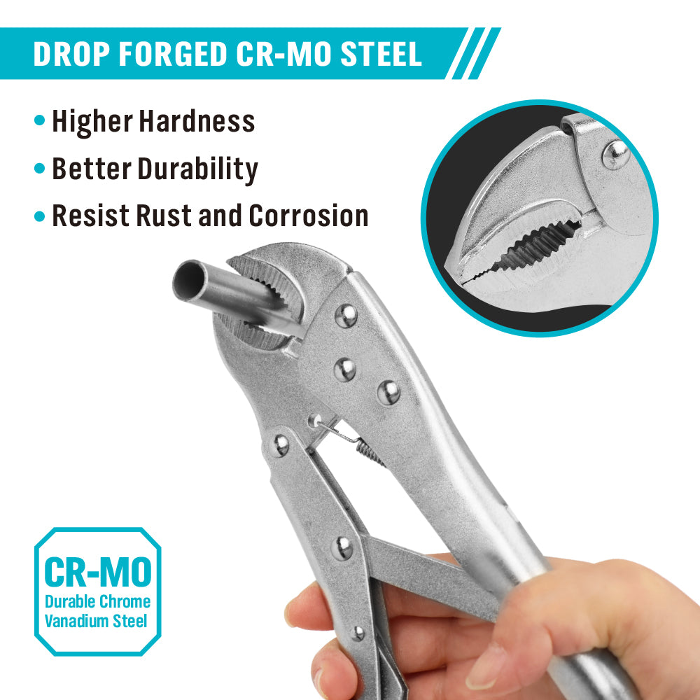10 inch curved jaw locking pliers with adjustable tension screw, CR-MO steel serrated jaws and 1.6 inch jaw capacity