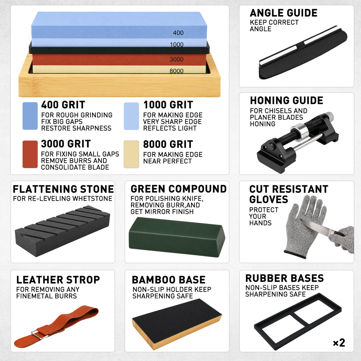 12-piece knife sharpening stone kit with 400/1000 and 3000/8000 grit whetstones, bamboo base, angle guide, honing guide, flattening stone, leather strop, green polishing compound and cut resistant gloves