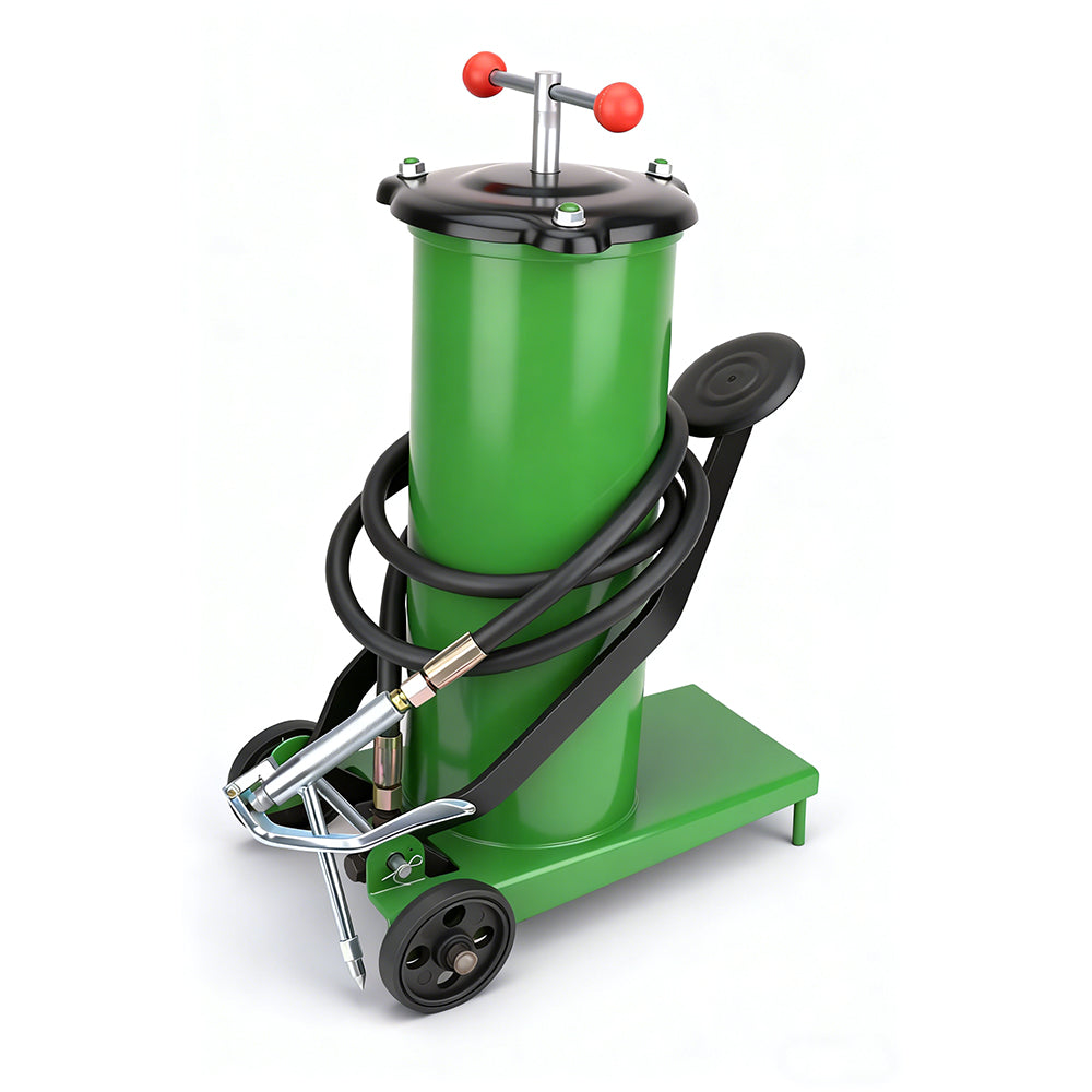 8L green foot-operated grease injector with reinforced hose and metal grease nozzle