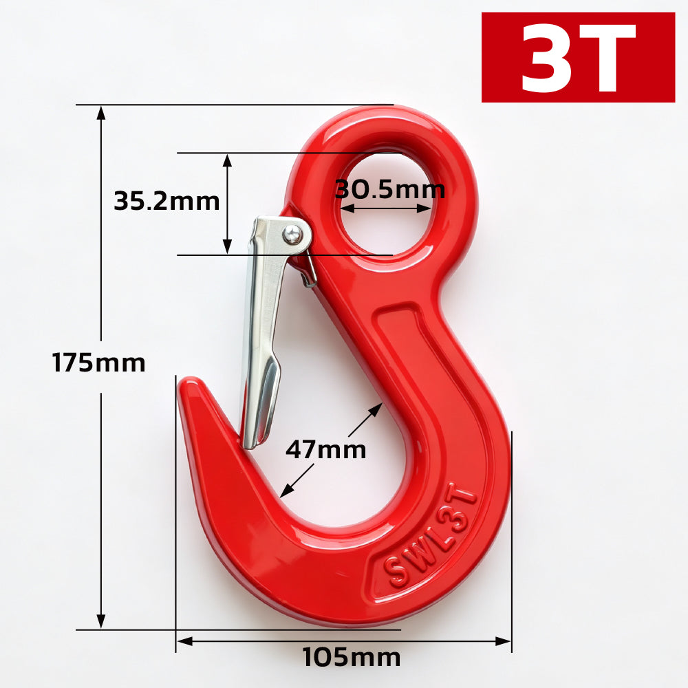 heavy-duty eye lifting hook with safety latch and red powder-coated finish for chain rigging, hoisting and material handling