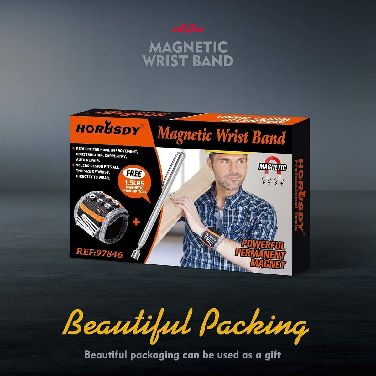 Magnetic Tool Wristband with Adjustable Strap, Screw and Nail Holder Pockets, and Telescopic Magnetic Pickup Tool for DIY Repairs