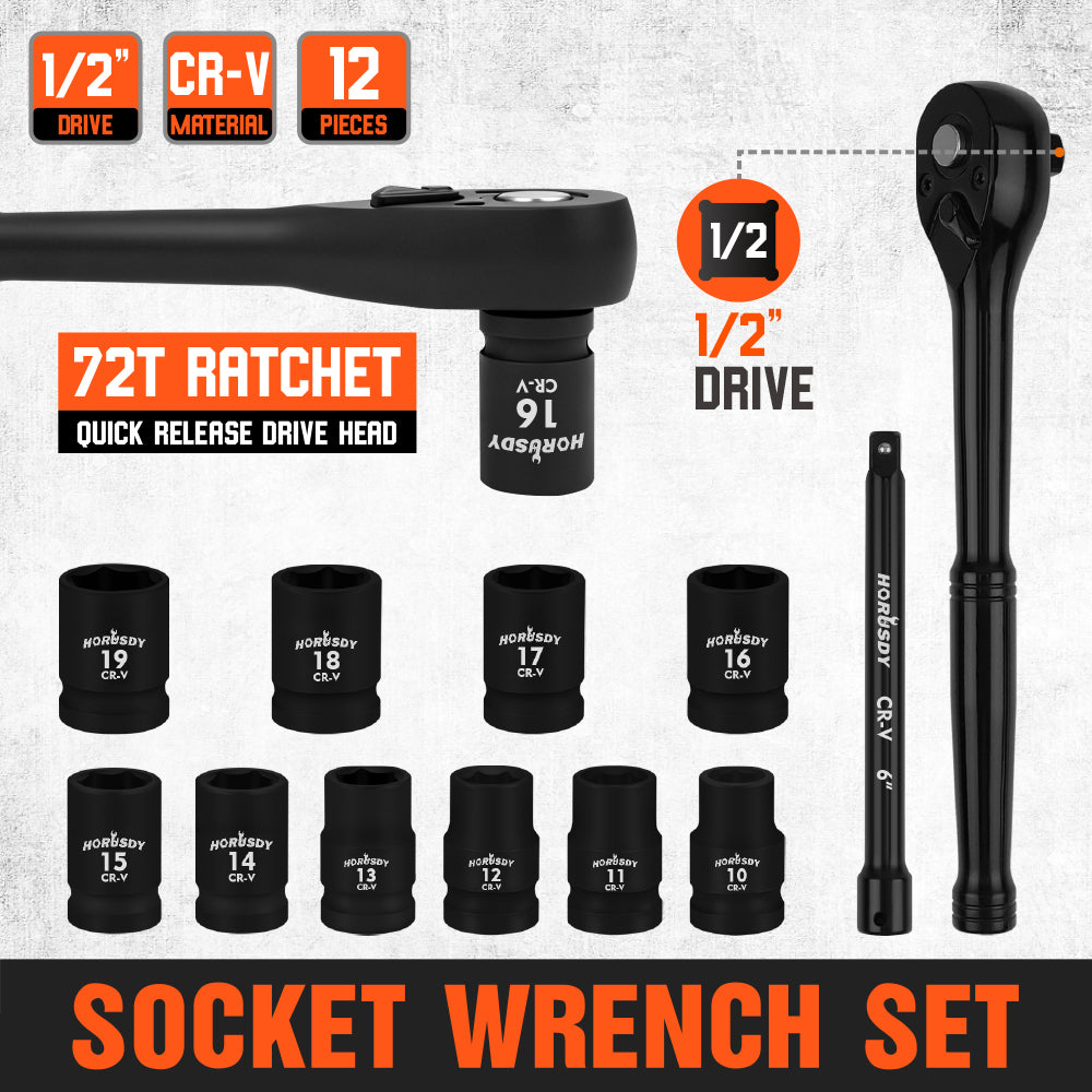 12-Piece 1/2" Drive Ratchet Socket Wrench Set with Metric Sockets 10-19mm, 72T Quick Release Ratchet, and 6" Extension Bar for Car and Garage Repair