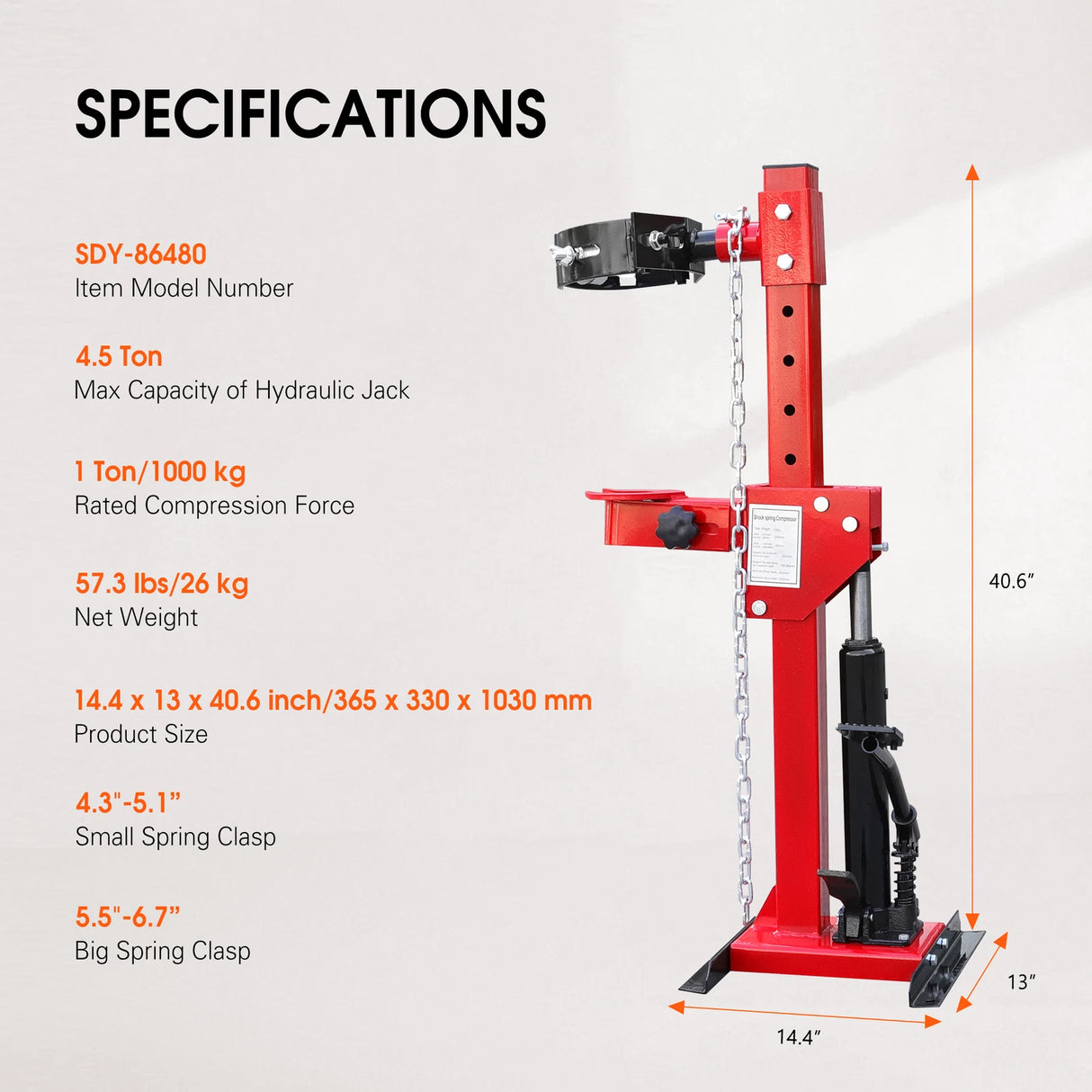 4.5 Ton hydraulic shock spring compressor with adjustable clamps and steel safety chain for car suspension and coil spring removal.