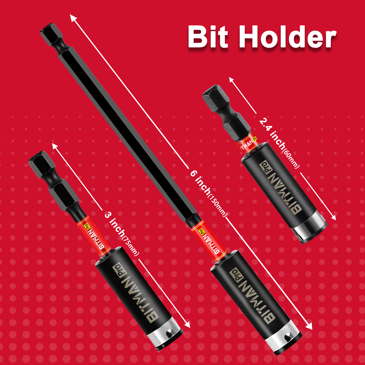 1/4 inch impact magnetic bit holder with quick change hex shank, double locking mechanism, strong magnetic tip and torsion zone, available in 2.5 inch, 3 inch and 6 inch lengths for impact drivers and power drills.