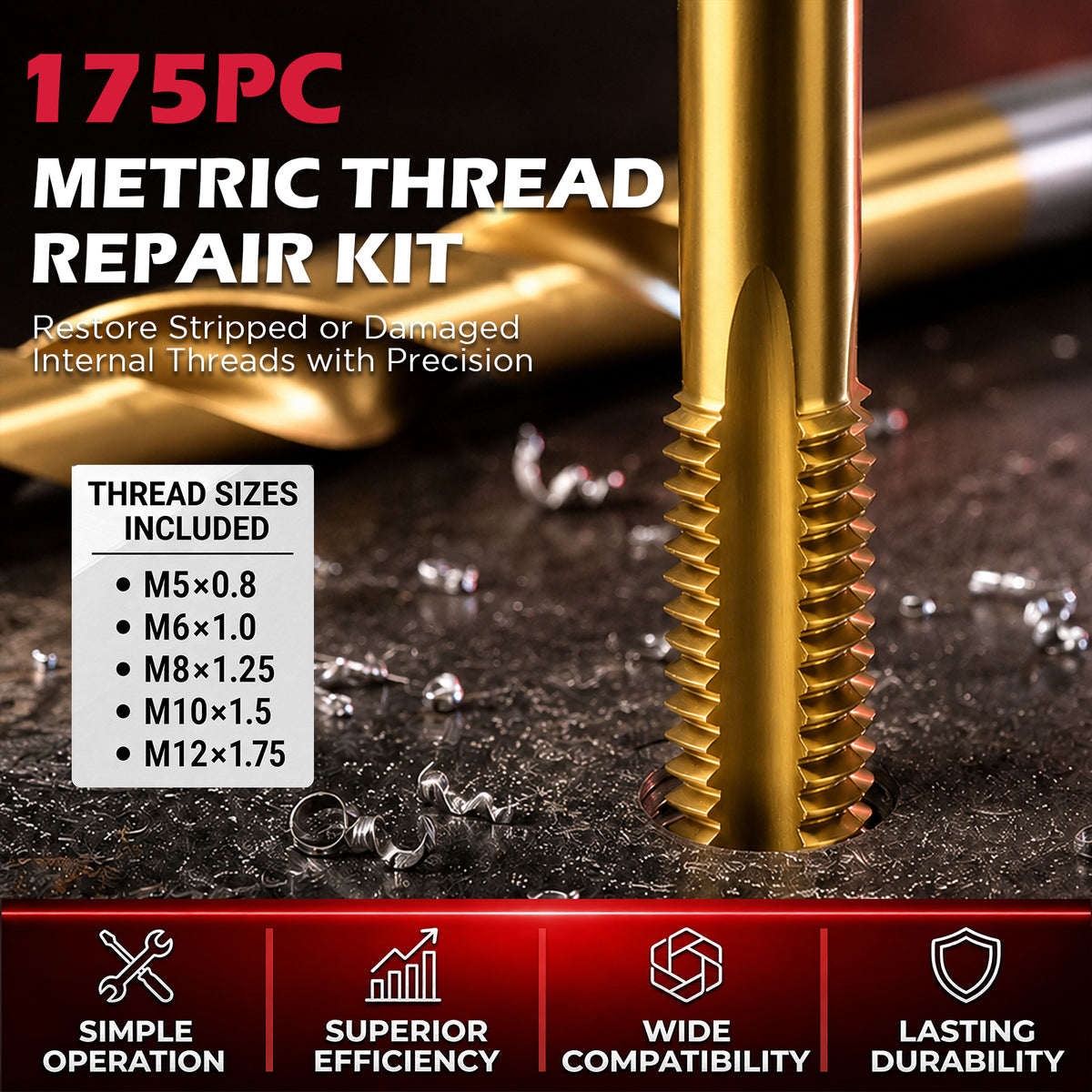 175-piece metric thread repair kit with M5 to M12 wire thread inserts, HSS drill bits, taps and installation tools